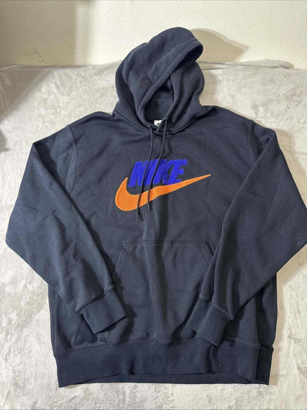 Nike Sportswear Hoodie Men’s Large Black Blue Orange Chenille Swoosh Pullover